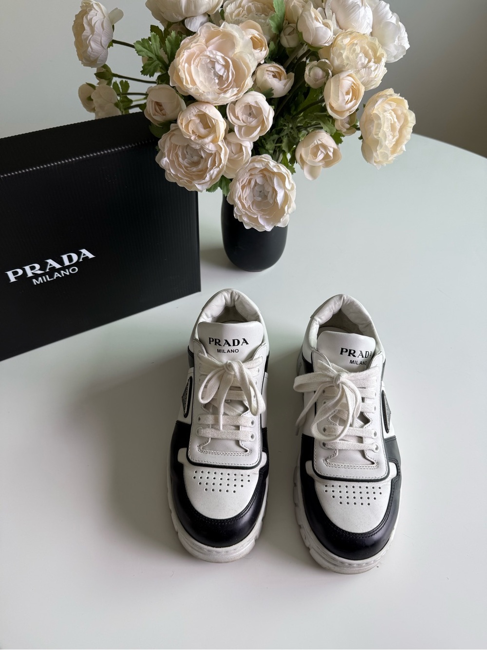 Prada Men’s White & Black Leather Lace-Up Sneakers
